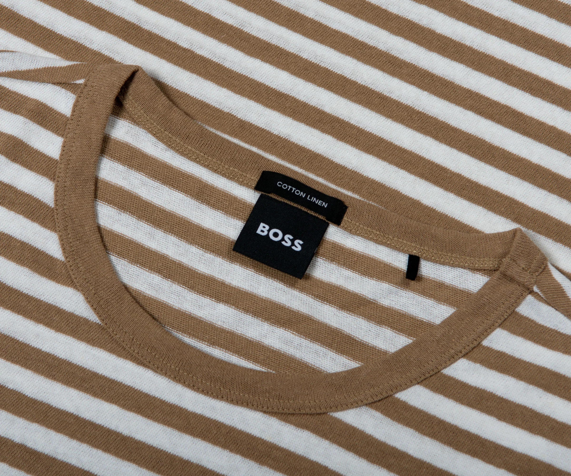 HUGO BOSS Tiburt Striped Linen T-Shirt Brown/White - Image 2
