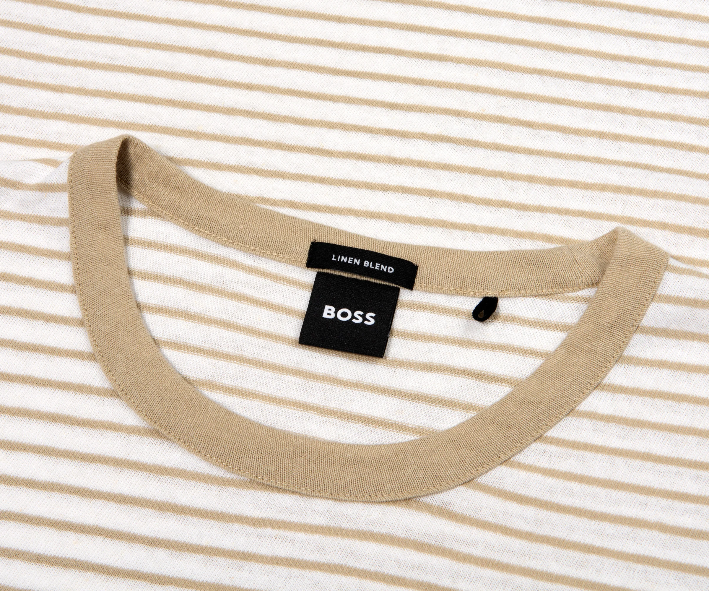 BOSS striped SS Cotton And linen T-Shirt Beige/White - Image 2