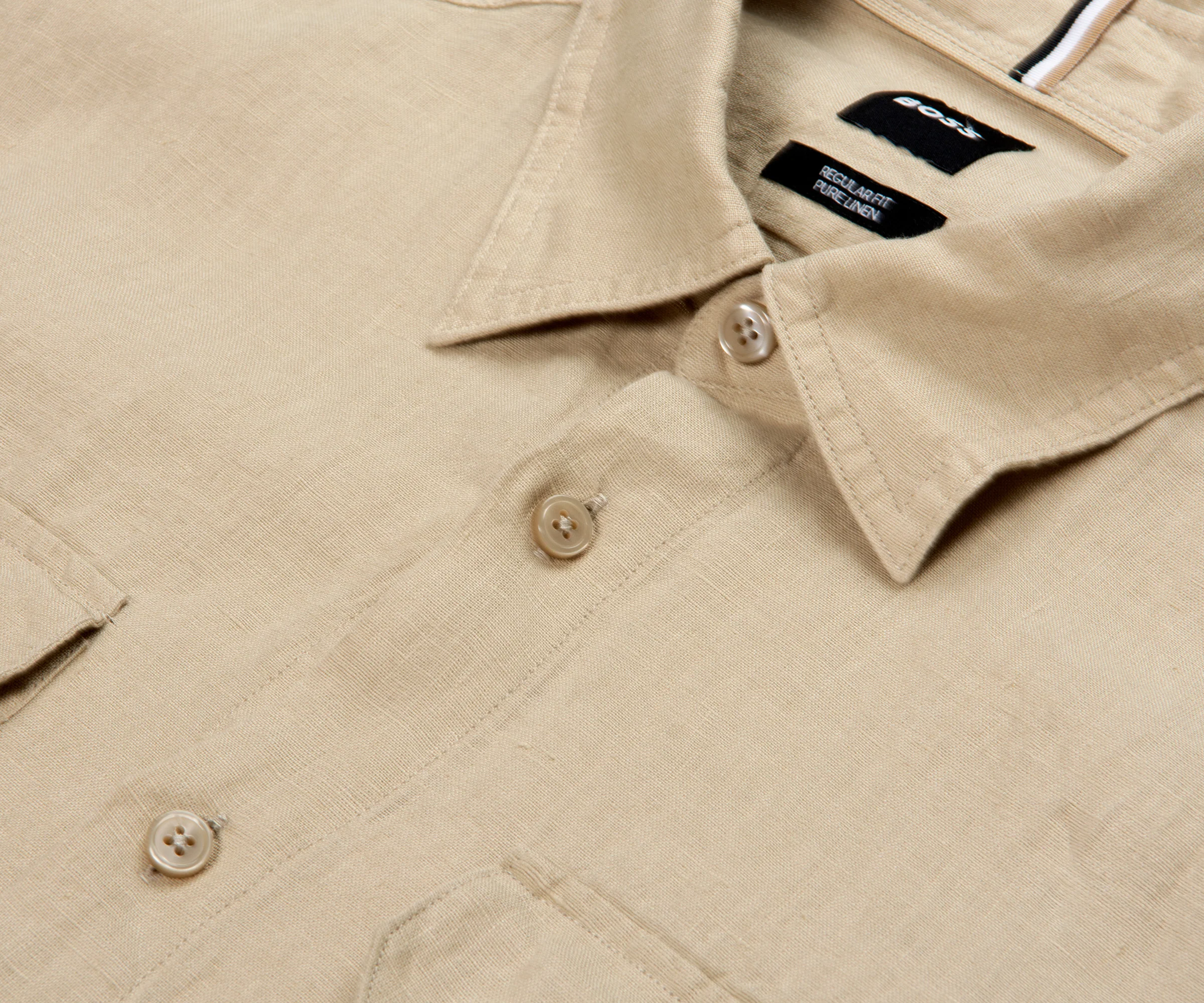 BOSS H-Liam Linen Double Pocket LS Shirt Beige - Image 3