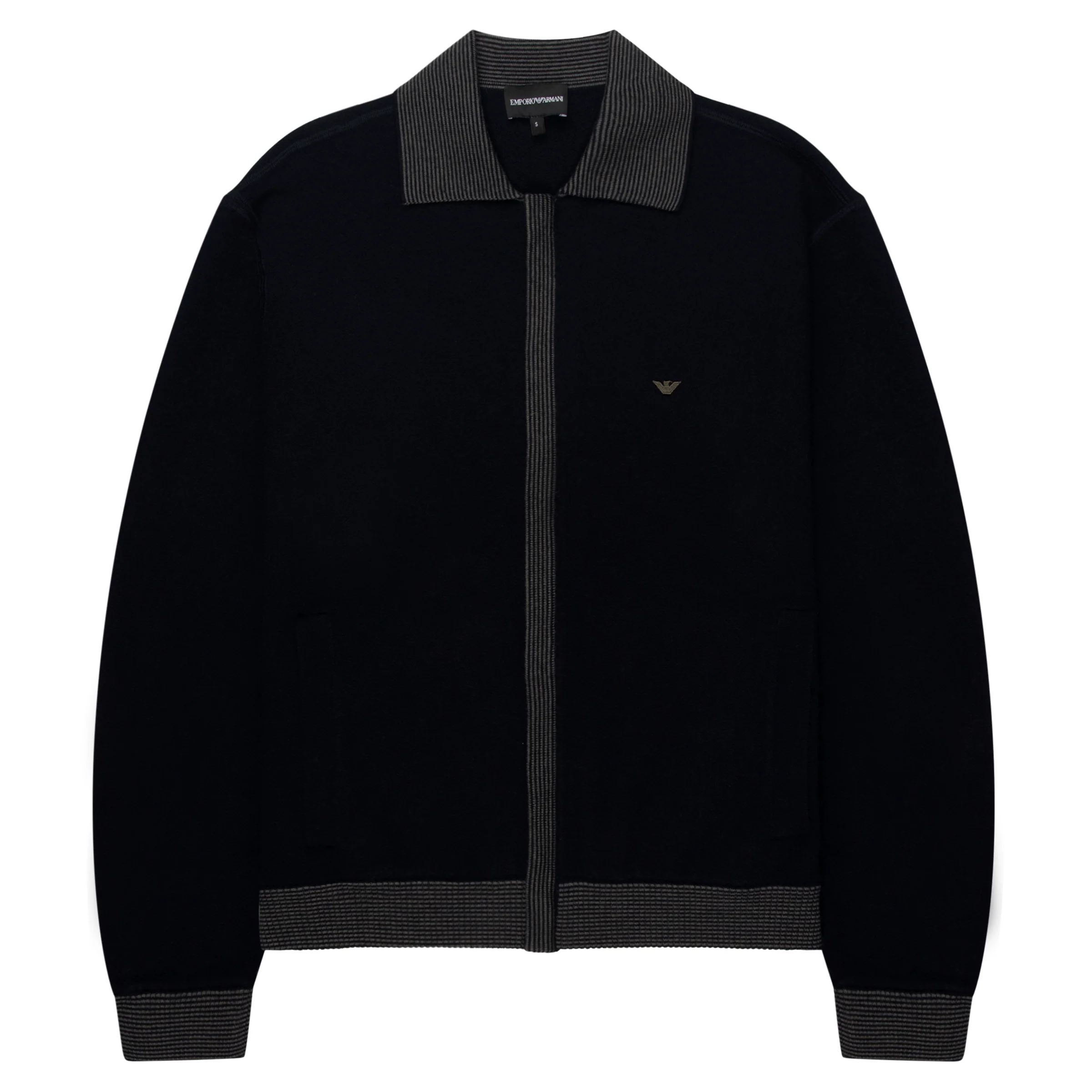Emporio Armani Navy Woolen Trim Detailed Full Zip Cardigan