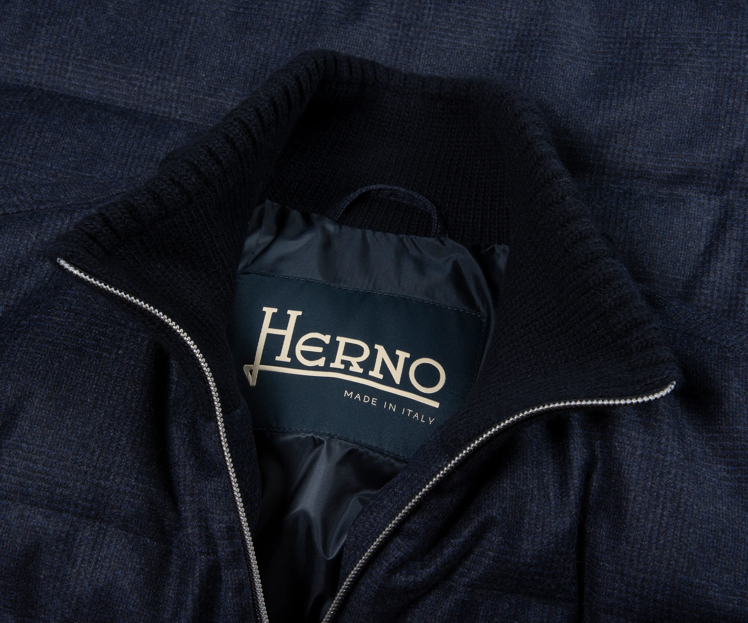 Herno Navy Checked Wool Puffer Bomber - Image 3