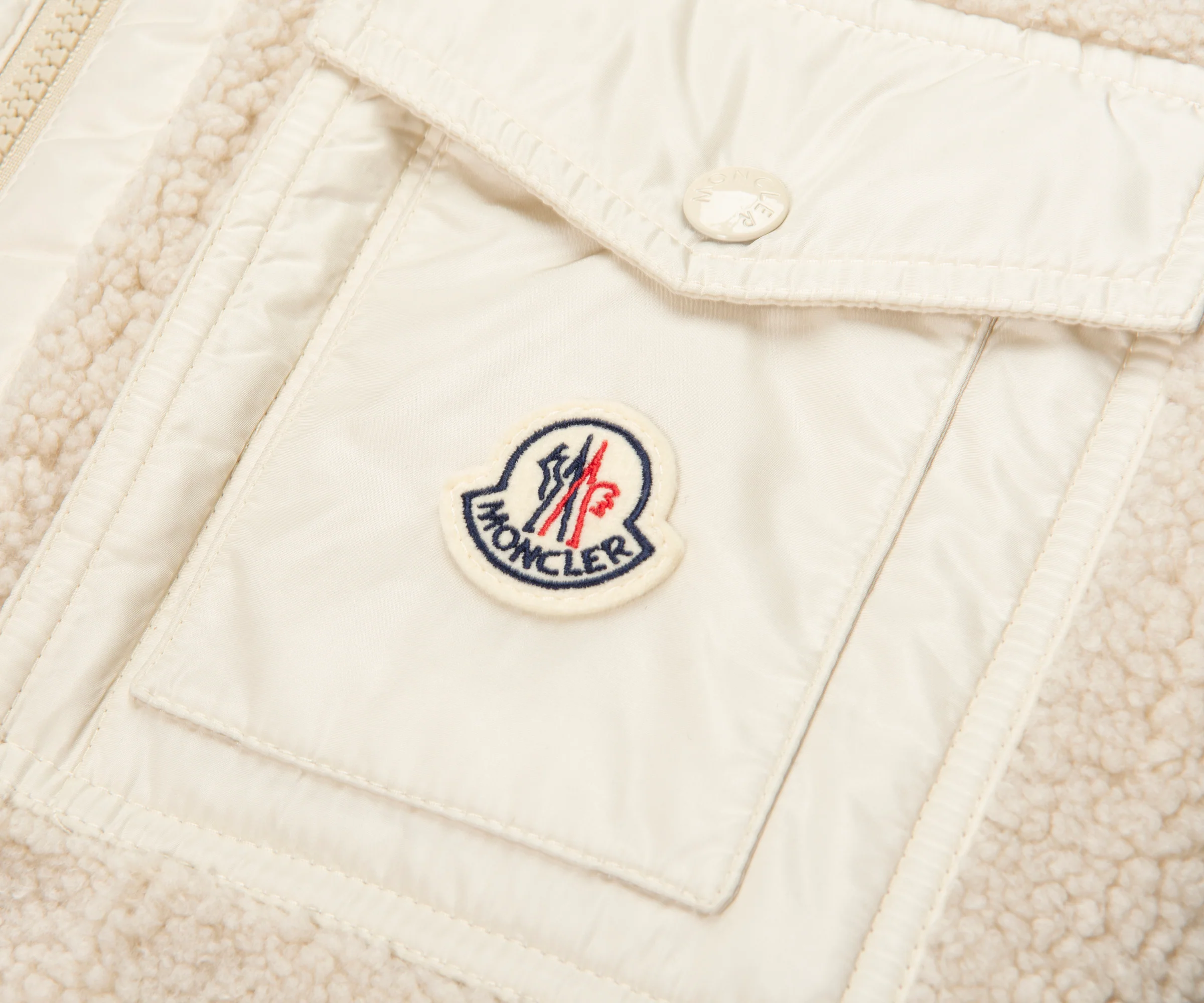 Moncler Cream Teddy Zip Up Sweatshirt Chest Pocket - Image 4