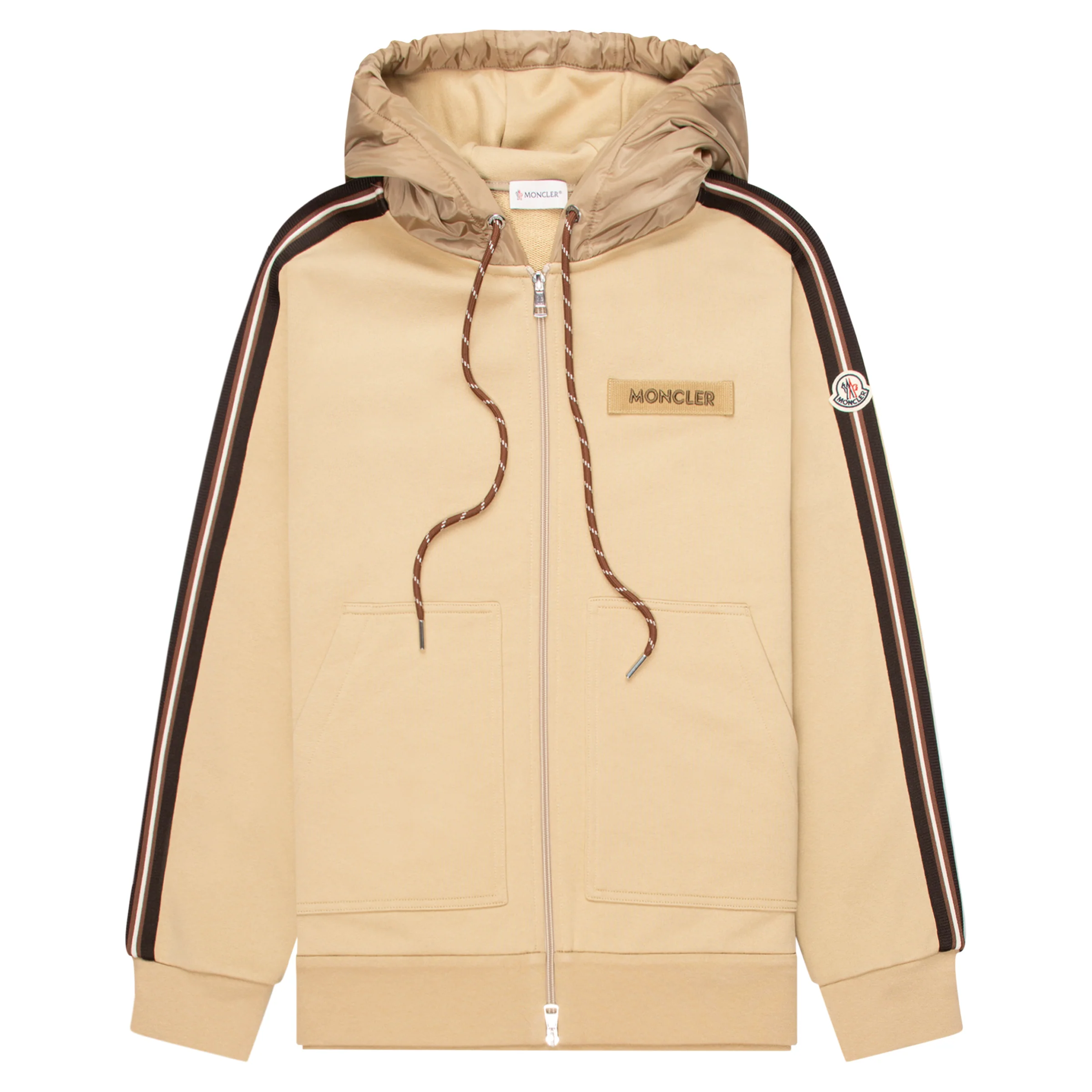 Moncler Sand Full Zip Brown Trimming Nylon Hooded Sweater