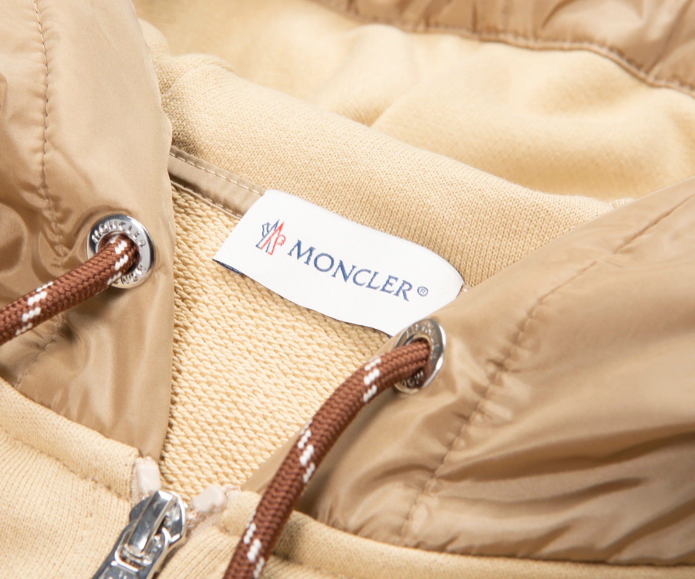 Moncler Sand Full Zip Brown Trimming Nylon Hooded Sweater - Image 2