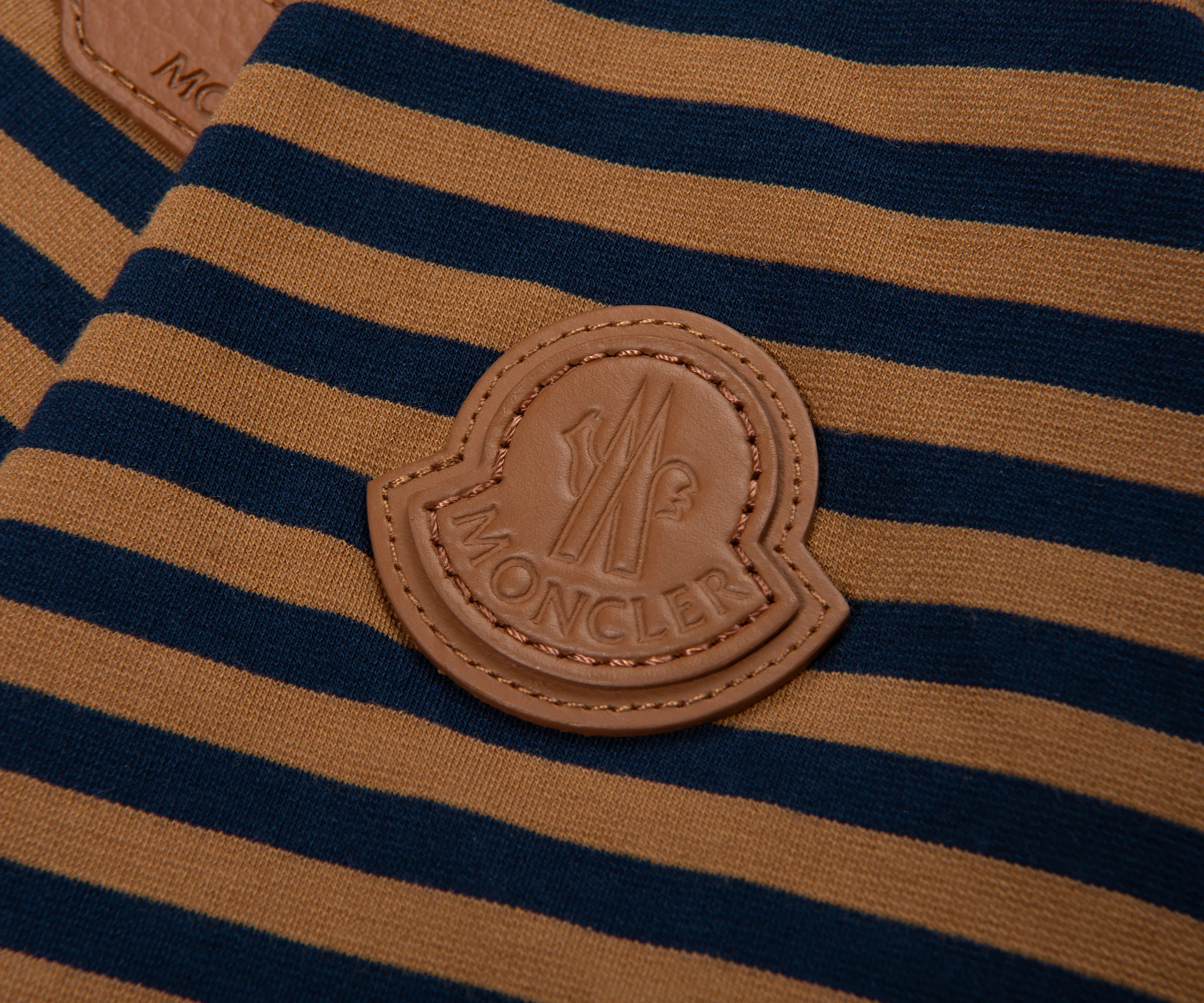 Moncler Navy/ Rust Striped Leather Pocket T-Shirt - Image 3